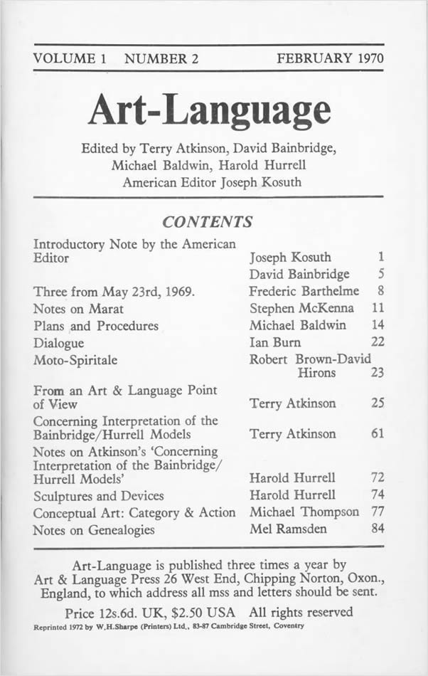 Art-Language: Vol. 1, No. 2 (February 1970) / Michael Baldwin, Terry Atkinson, David Bainbridge, Harold Hurrell, Joseph Kosuth
