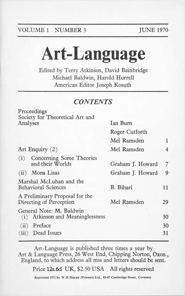  Art-Language: Vol. 1, No. 3 (June 1970) / Ian Burn, Mel Ramsden, Graham J. Howard, B. Bihari, Michael Baldwin, Terry Atkinson, David Bainbridge, Harold Hurrell, Joseph Kosuth