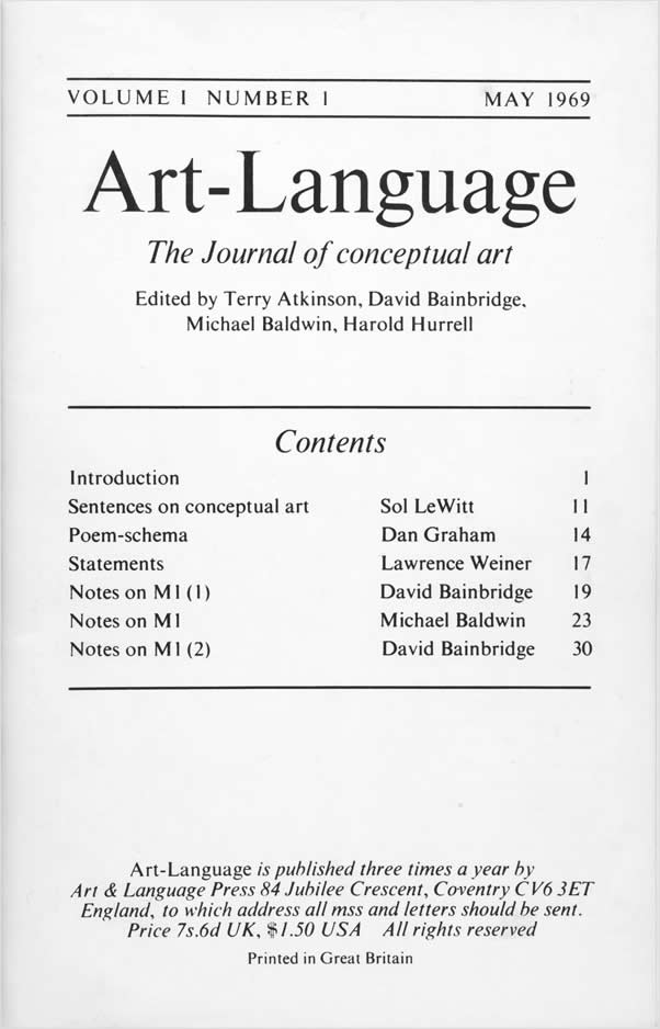 Art-Language: The Journal of Conceptual Art, Vol. 1, No. 1 (May 1969) / Art & Language, Sol LeWitt, Dan Graham, Lawrence Weiner, David Bainbridge, Michael Baldwin, Terry Atkinson, Harold Hurrell
