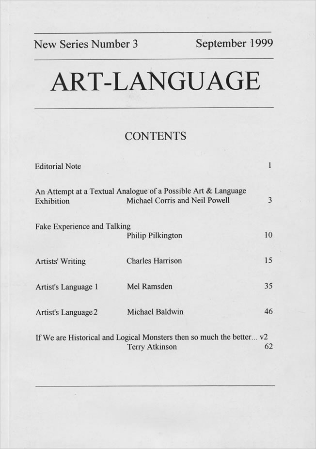  Art-Language New Series: No. 3 (September 1999) / Charles Harrison, Michael Corris, Neil Powell, Philio Pilkington, Mel Ramsden, Michael Baldwin, Terry Atkinson