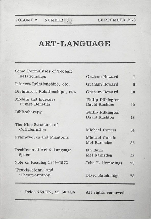  Art-Language: Vol. 2, No. 3 (September 1973) / David Rushton, Philip Pilkington, Ian Burn, Michael Baldwin, Terry Atkinson, David Bainbridge, Harold Hurrell, Michael Corris, John F. Hemmings