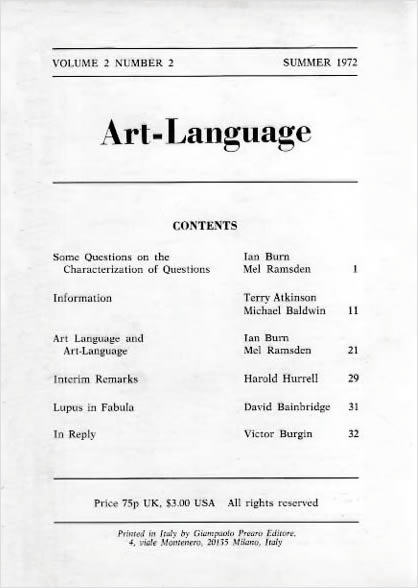  Art-Language: Vol. 2, No. 2 (Summer) 1972) / Victor Burgin, Ian Burn, Michael Baldwin, Terry Atkinson, David Bainbridge, Harold Hurrell