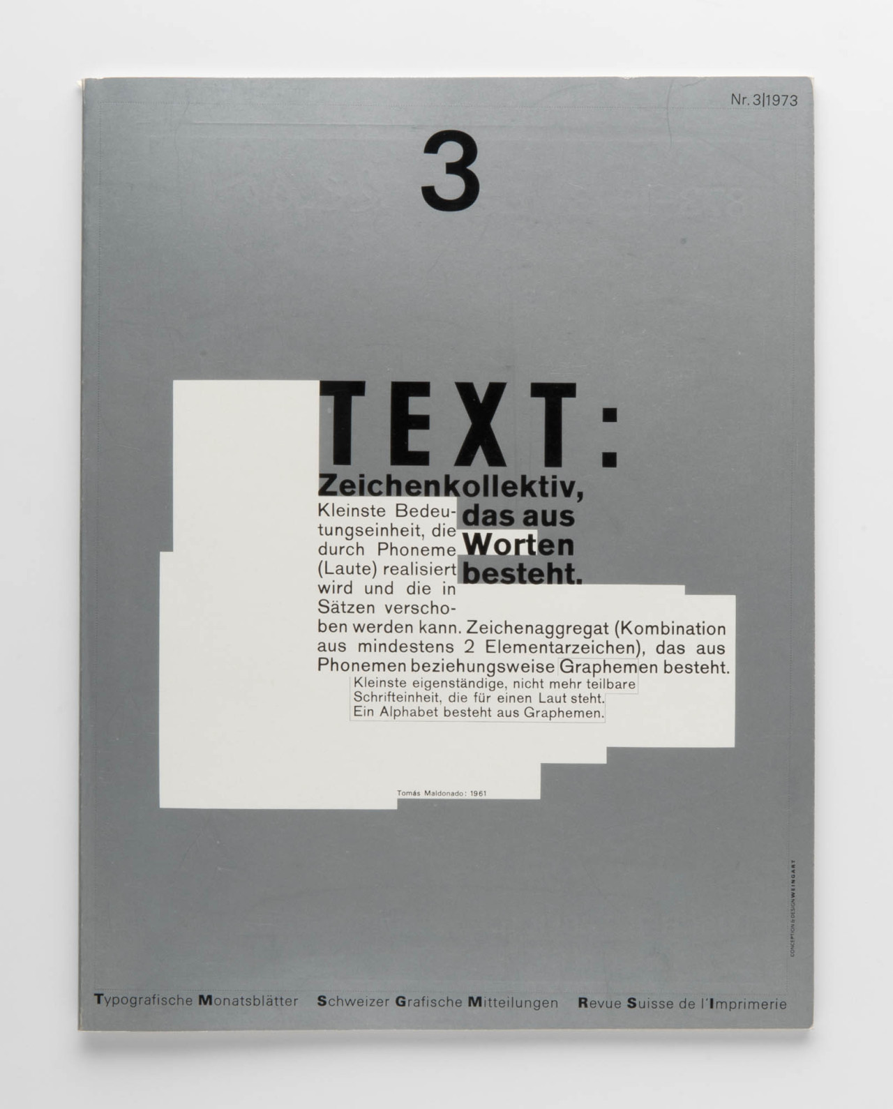Wolfgang Weingart: Cover design for Typografische Monatsblätter Schweizer Grafische Mitteilungen Revue suisse de l’Imprimerie Nr. 3, 1973