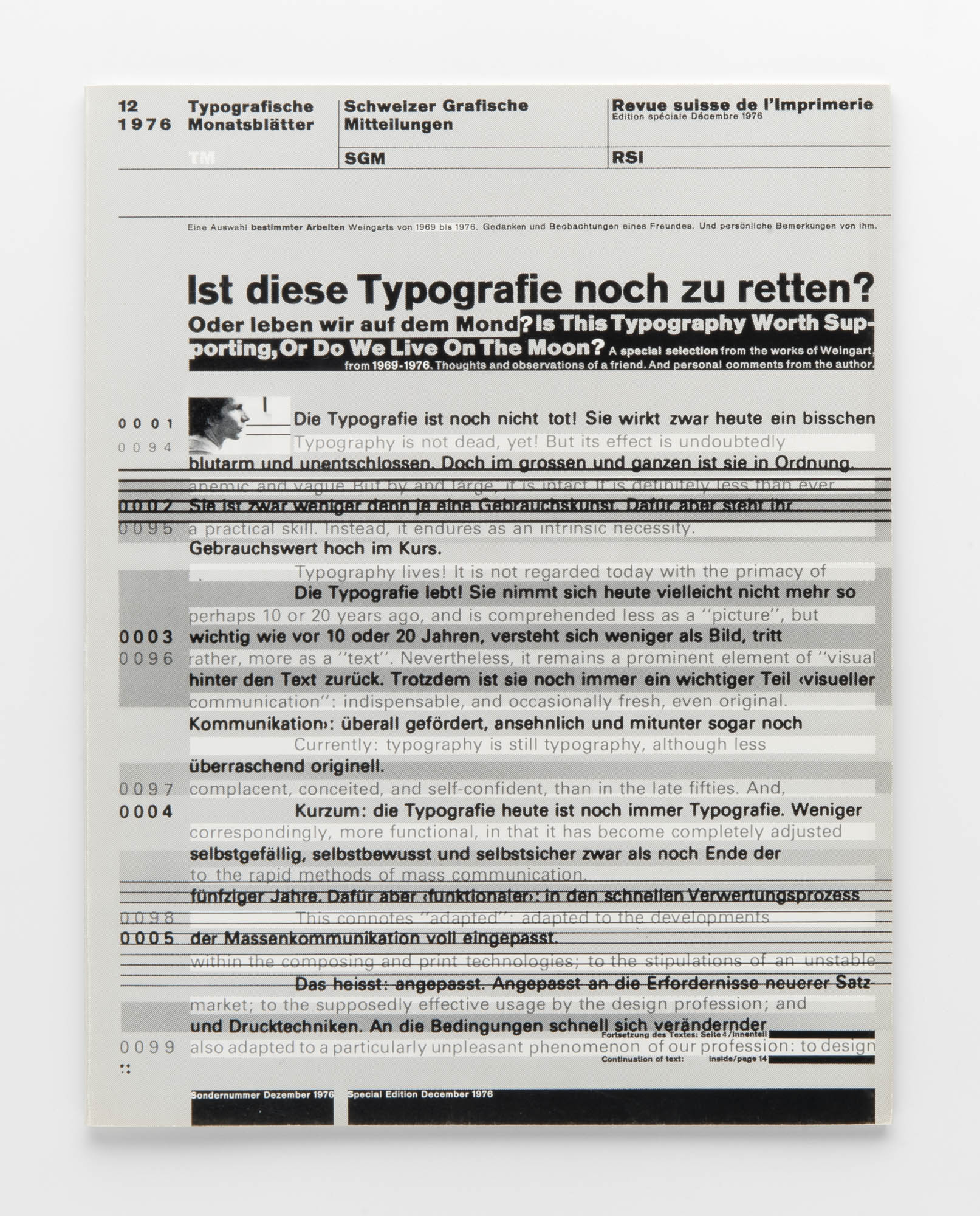 Wolfgang Weingart: Cover design for Typografische Monatsblätter Schweizer Grafische Mitteilungen Revue suisse de l’Imprimerie Nr. 12, 1976