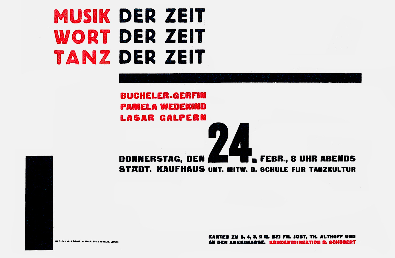 Jan Tschichold, Typographic poster for a concert. Red and black on silver. 1928 