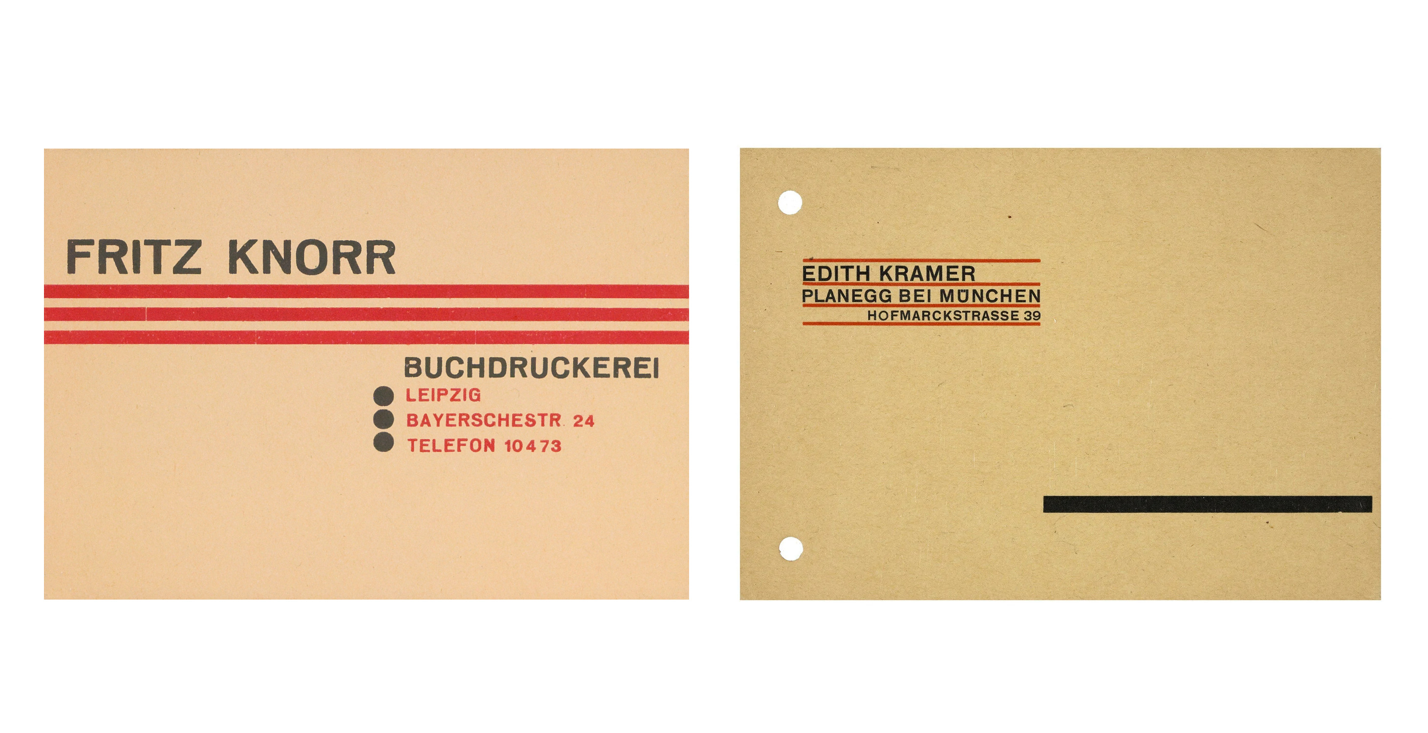 Jan Tschichold. Stationery: Fritz Knorr, Leipzig, [before 1926] Lithograph (7.4 x 10.7 cm) / Card: Edith Kramer, before March 31, 1926 Letterpress (10.3 x 14.8 cm)