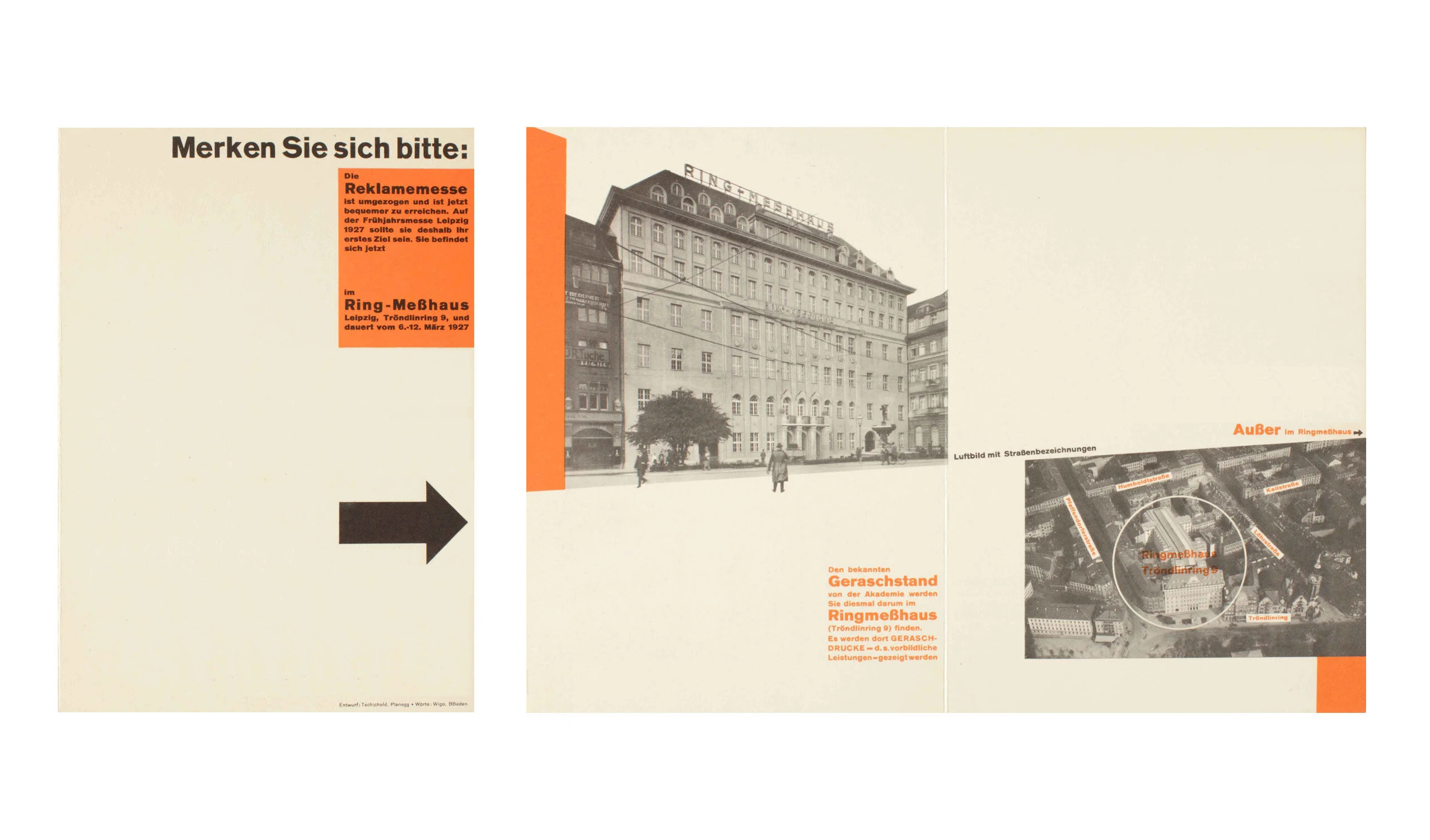Jan Tschishold. Cover and internal spread of Merken Sie sich bitte: Die Reklamemesse 1927 Letterpress (23.5 x 33.3 cm)
