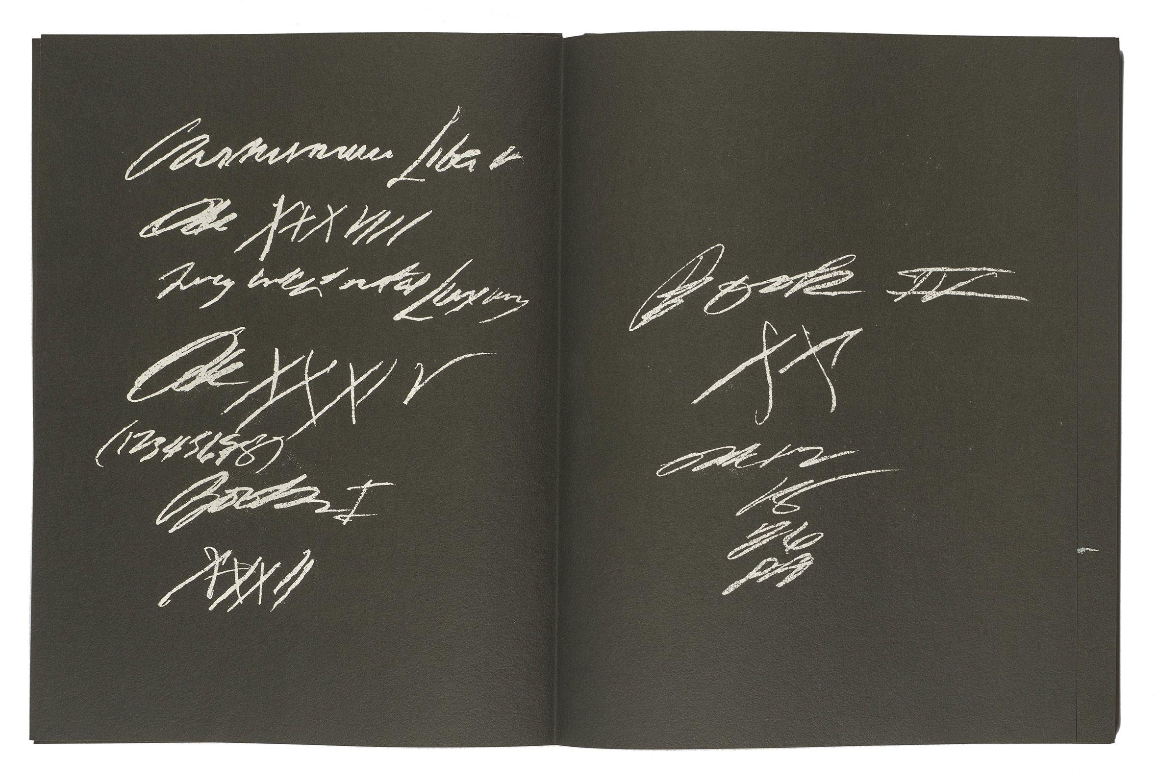 Cy Twombly: 8 ODI DI ORAZIO 1968 / Series II: 16 screenprints, folded in the centre, printed recto and verso on 8 sheets of black rag board / Paper size 39.7 x 29.8 cm / Edition 70 (31-100) / Bastian 20.