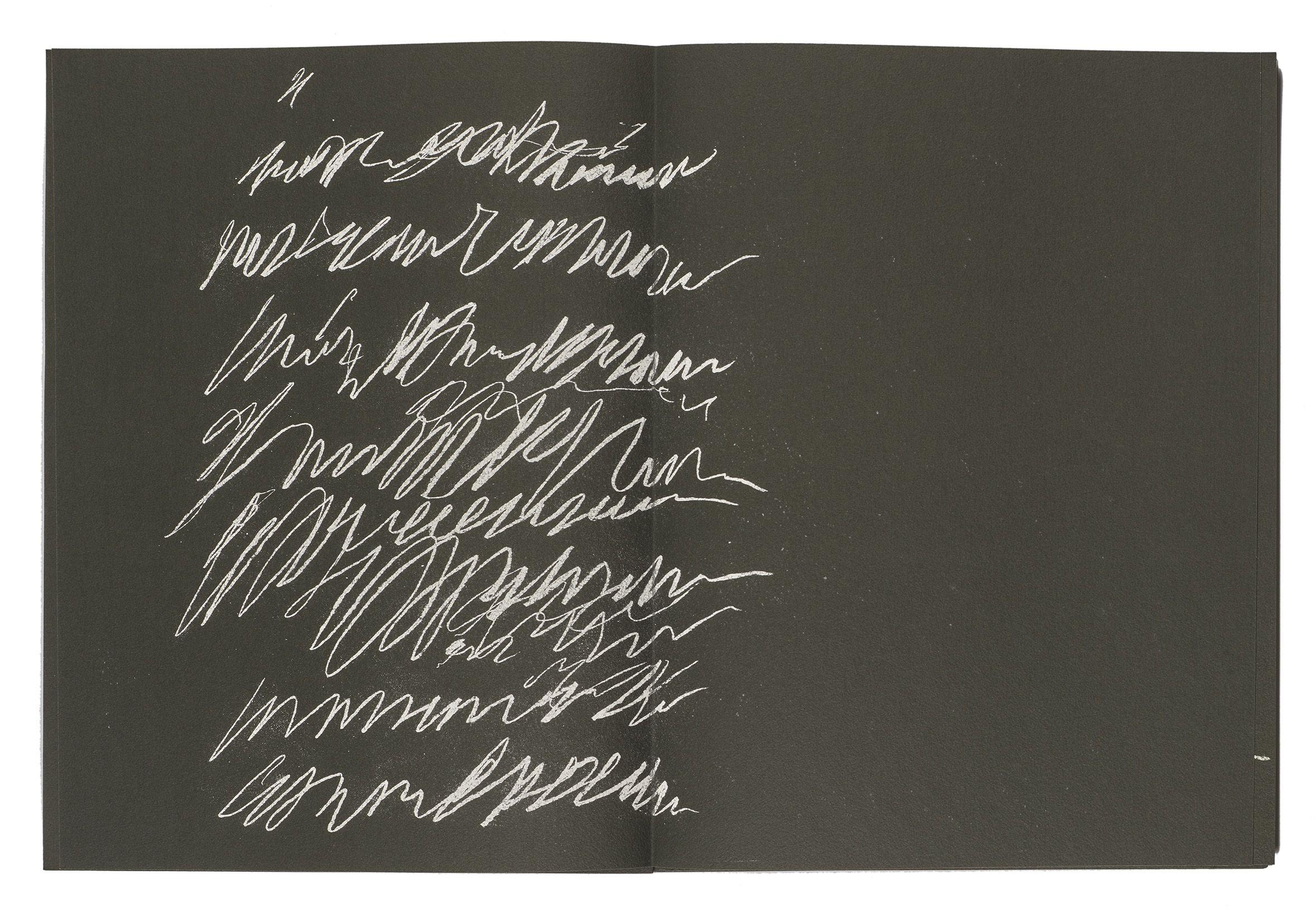 Cy Twombly: 8 ODI DI ORAZIO 1968 / Series II: 16 screenprints, folded in the centre, printed recto and verso on 8 sheets of black rag board / Paper size 39.7 x 29.8 cm / Edition 70 (31-100) / Bastian 20.