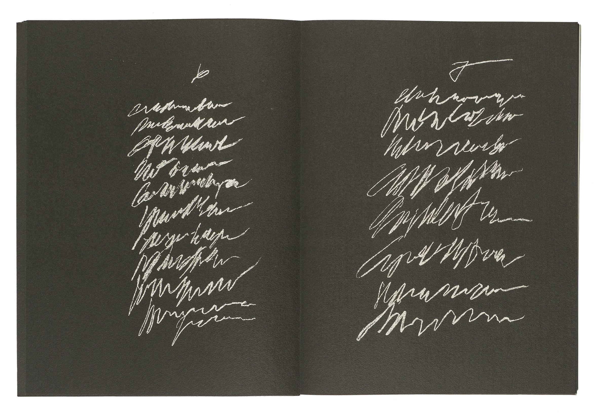 Cy Twombly: 8 ODI DI ORAZIO 1968 / Series II: 16 screenprints, folded in the centre, printed recto and verso on 8 sheets of black rag board / Paper size 39.7 x 29.8 cm / Edition 70 (31-100) / Bastian 20.