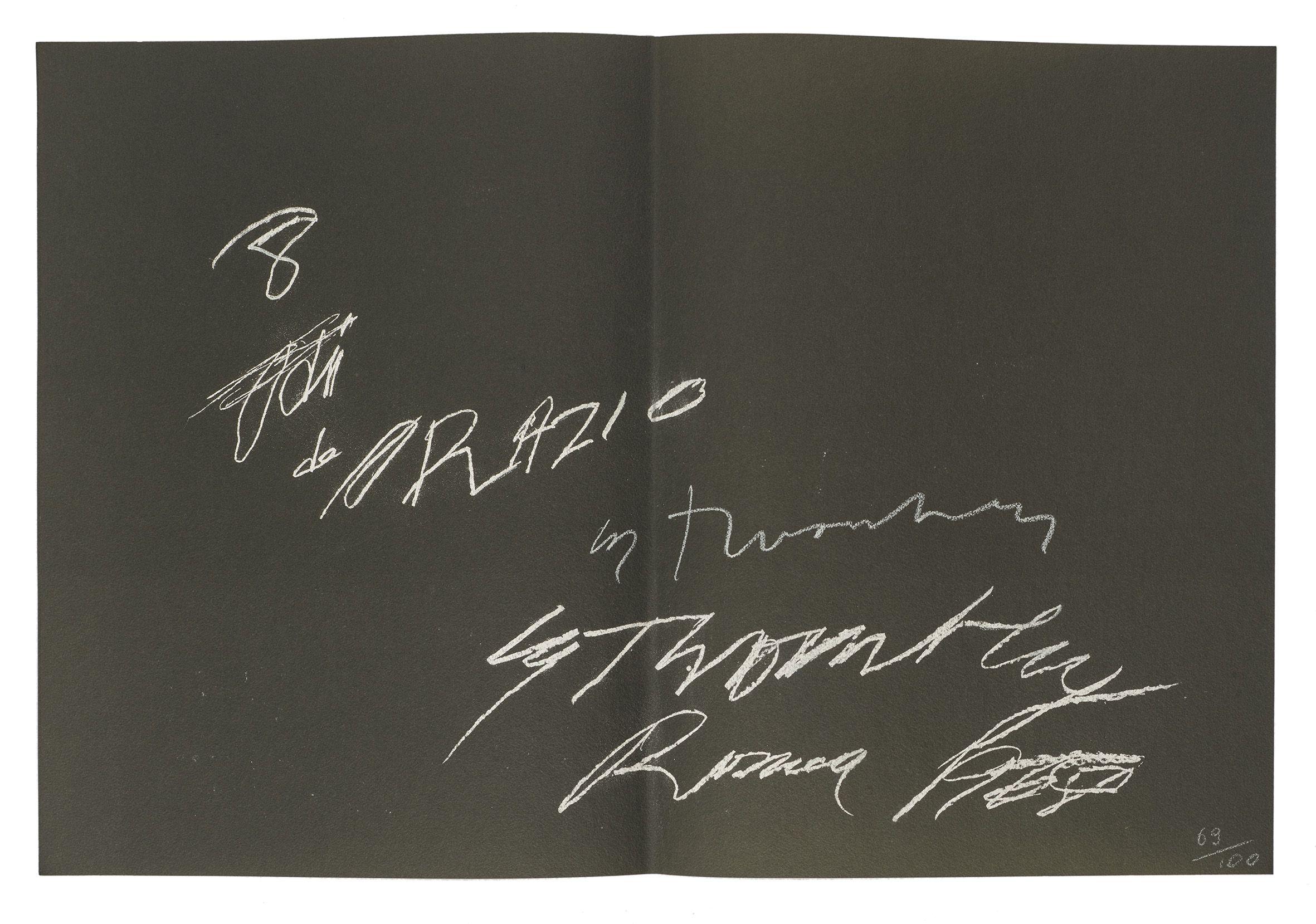 Cy Twombly: 8 ODI DI ORAZIO 1968 / Series II: 16 screenprints, folded in the centre, printed recto and verso on 8 sheets of black rag board / Paper size 39.7 x 29.8 cm / Edition 70 (31-100) / Bastian 20.