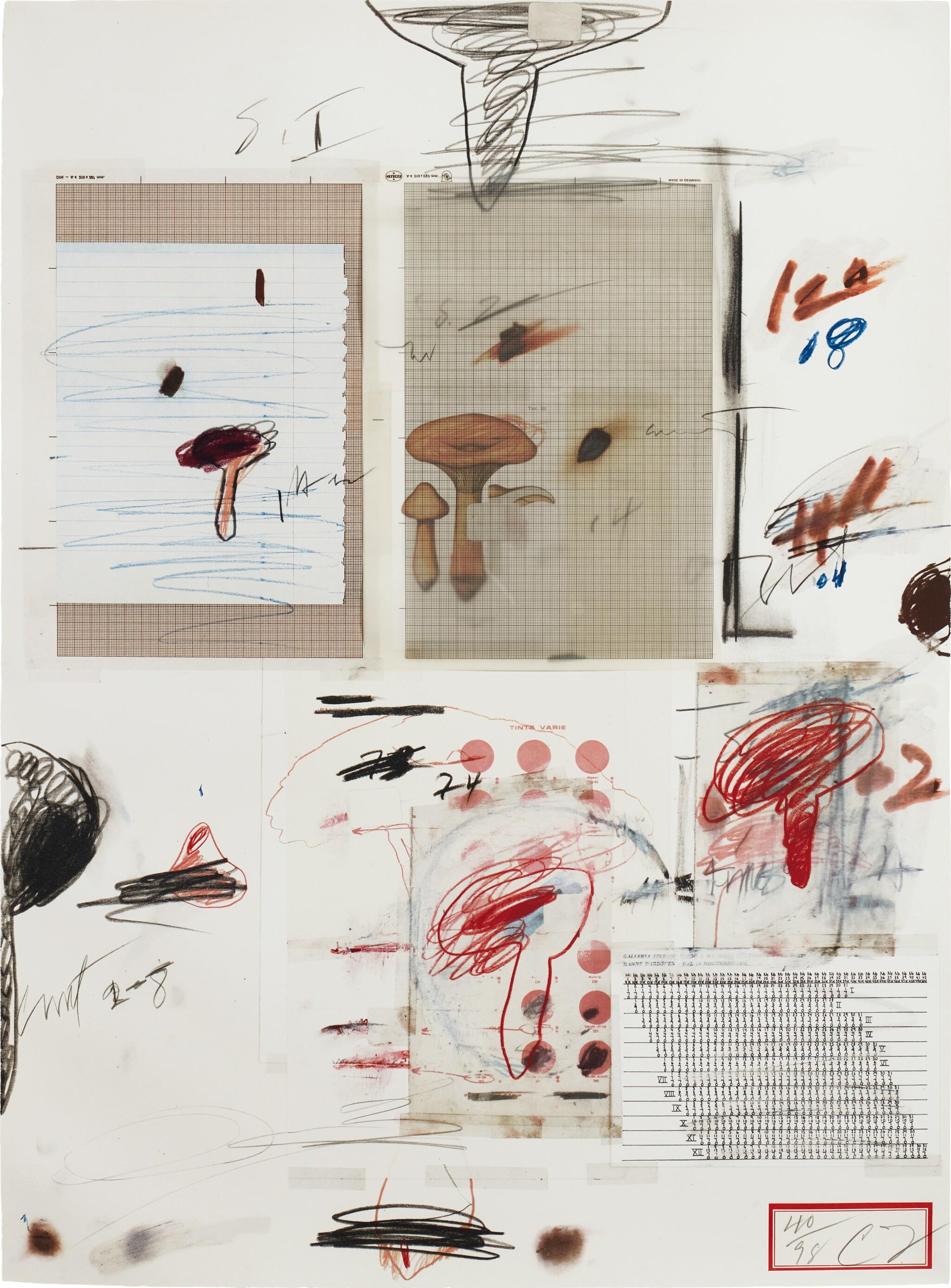 Cy Twombly: NATURAL HISTORY PART I NO.IV / Mixed media technique: lithograph, grano-lithograph, collotype, photochrome with collage and drawing by the artist. / Paper size 76 x 56 cm / Edition 98 (1–98) / Bastian 45.