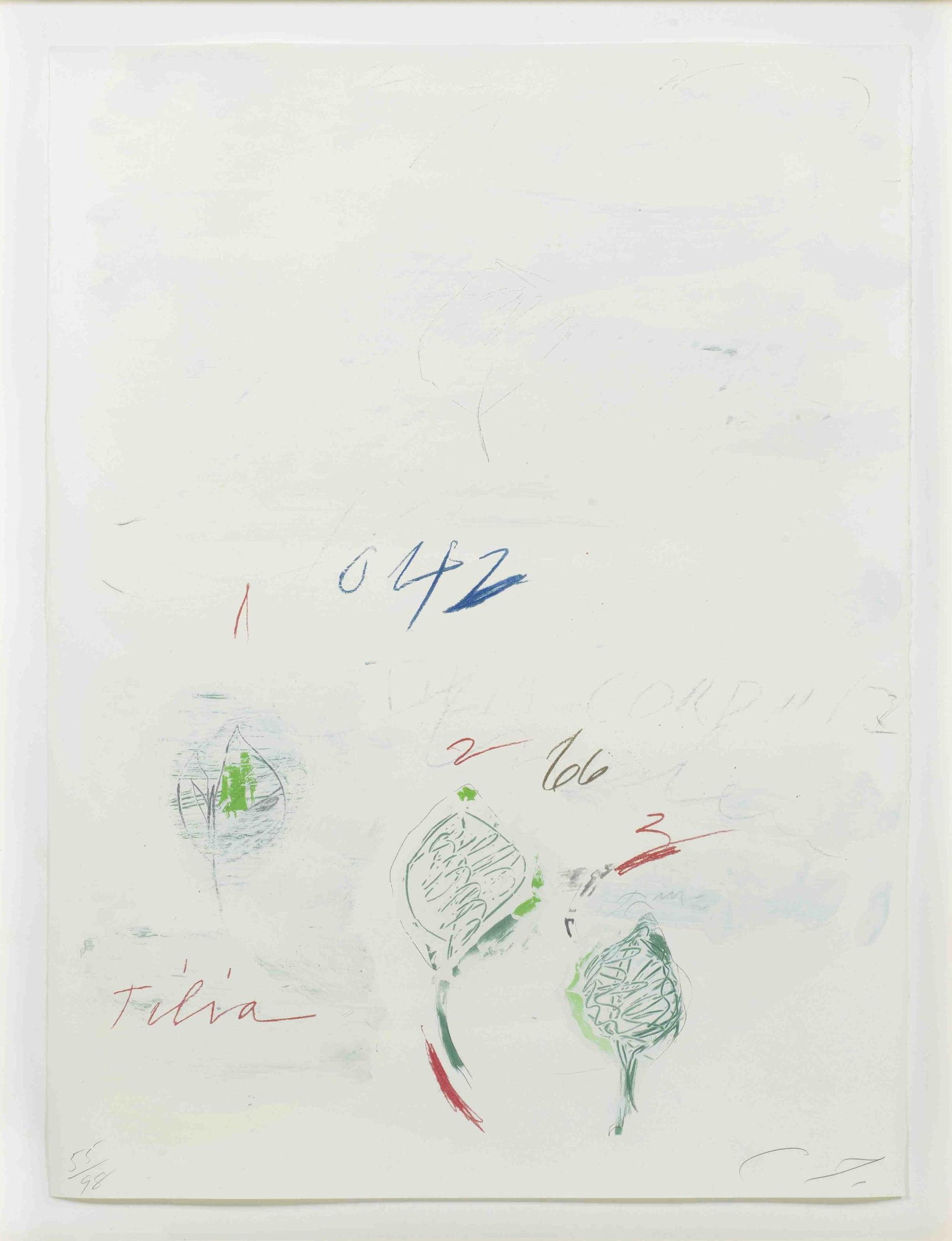 Cy Twombly: NATURAL HISTORY PART II TILIA CORDATA / Mixed media technique: lithograph, grano-lithograph, collotype / Paper size 76 x 56.5 cm / Edition 98 (1–98) / Bastian 56.