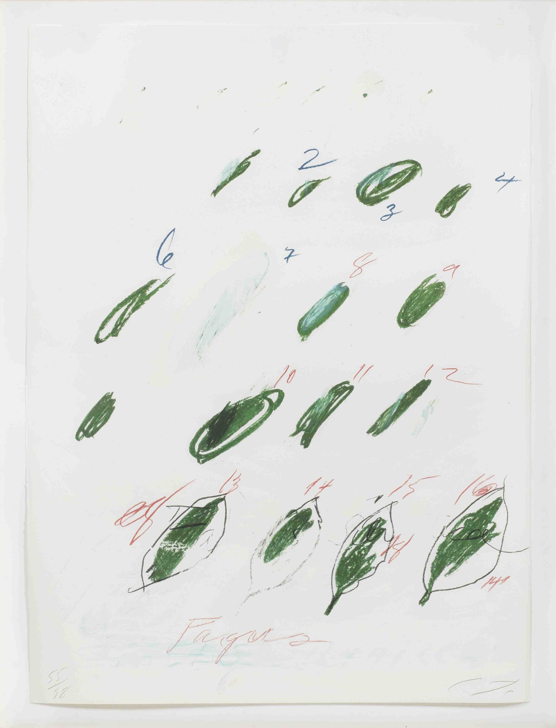 Cy Twombly: NATURAL HISTORY PART II FAGUS SILVATICA / Mixed media technique: lithograph, grano-lithograph, collotype / Paper size 76 x 56.5 cm / Edition 98 (1–98) / Bastian 57.