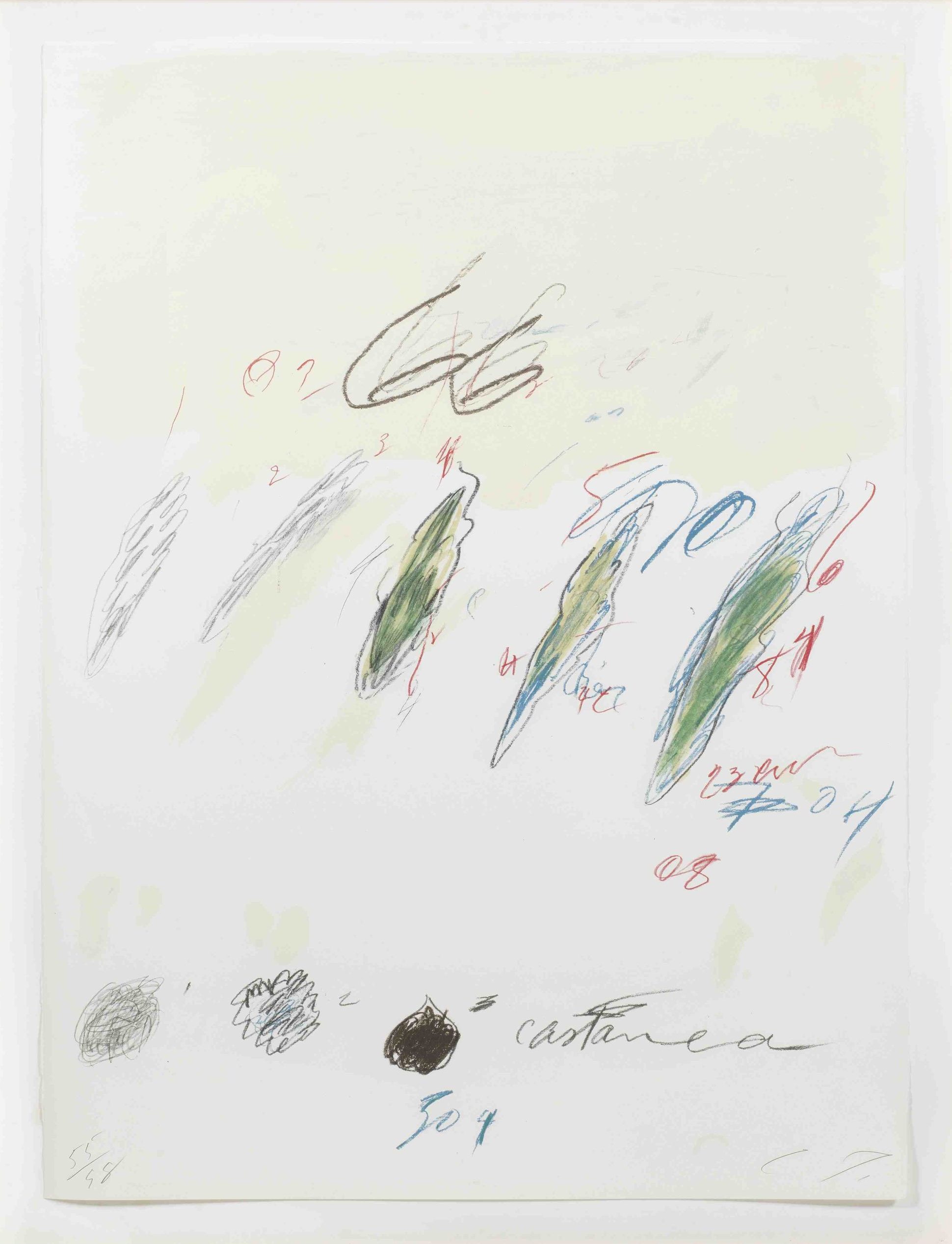 Cy Twombly: NATURAL HISTORY PART II CASTANEA SATIVA / Mixed media technique: lithograph, grano-lithograph, collotype / Paper size 76 x 56.5 cm / Edition 98 (1–98) / Bastian 58.