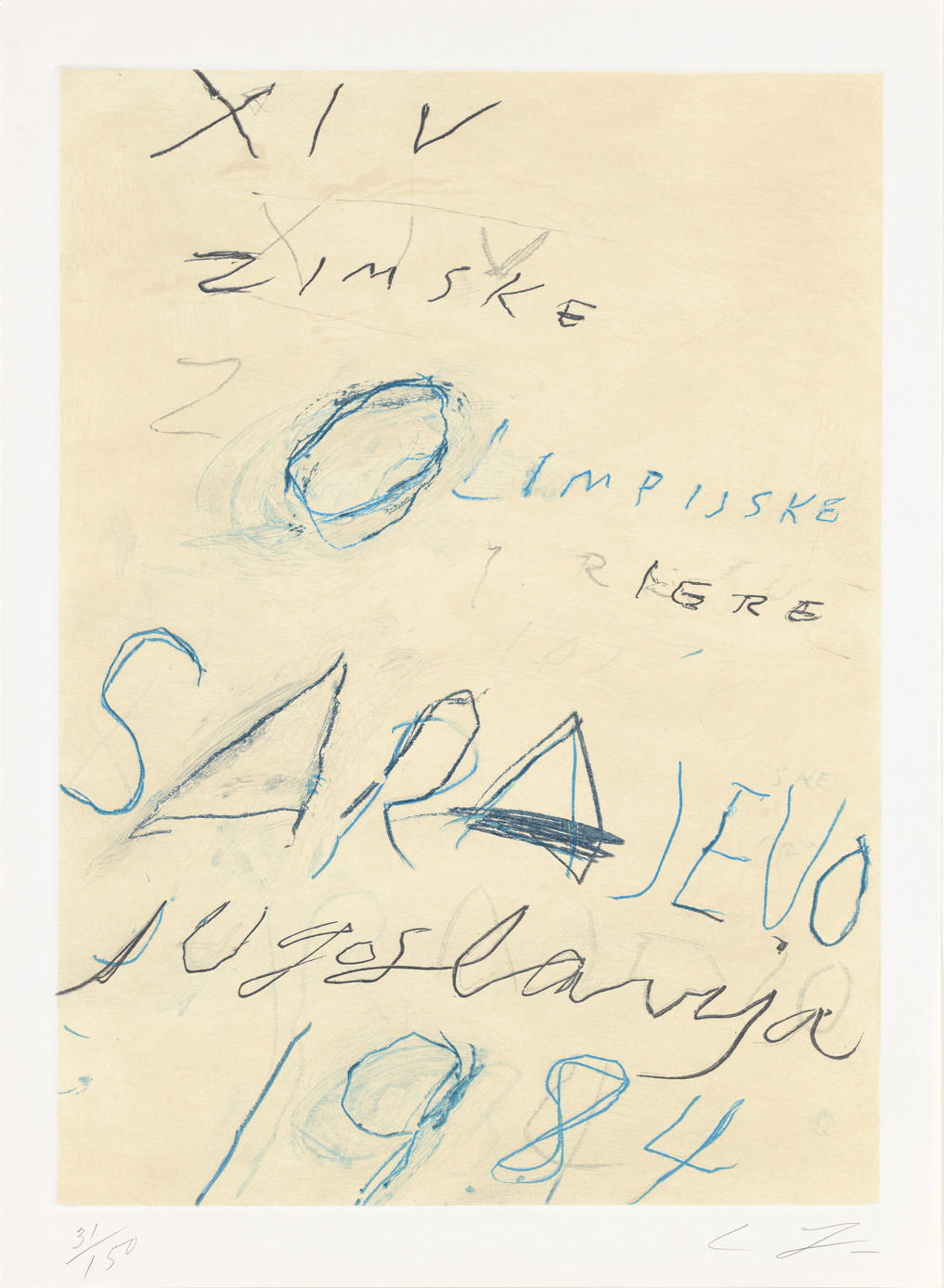 Cy Twombly: UNTITLED 1983 / Aquaforte (lithograph and aquatint etching) / Paper size 94 x 69.4 cm / Edition 150 (1–150 arabic numbers) 50 (I–L roman numbers) / Bastian 76.