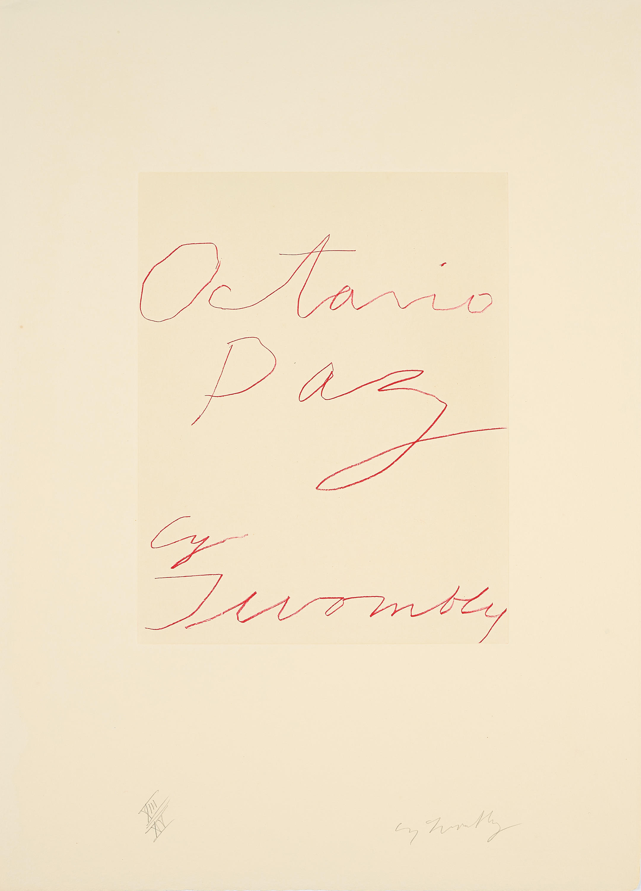Cy Twombly: OCTAVIO PAZ CY TWOMBLY 1993 / Heliogravure in colours / Paper size 61.5 x 45 cm / Edition 15 (1–15 roman numbers) / Bastian 80.