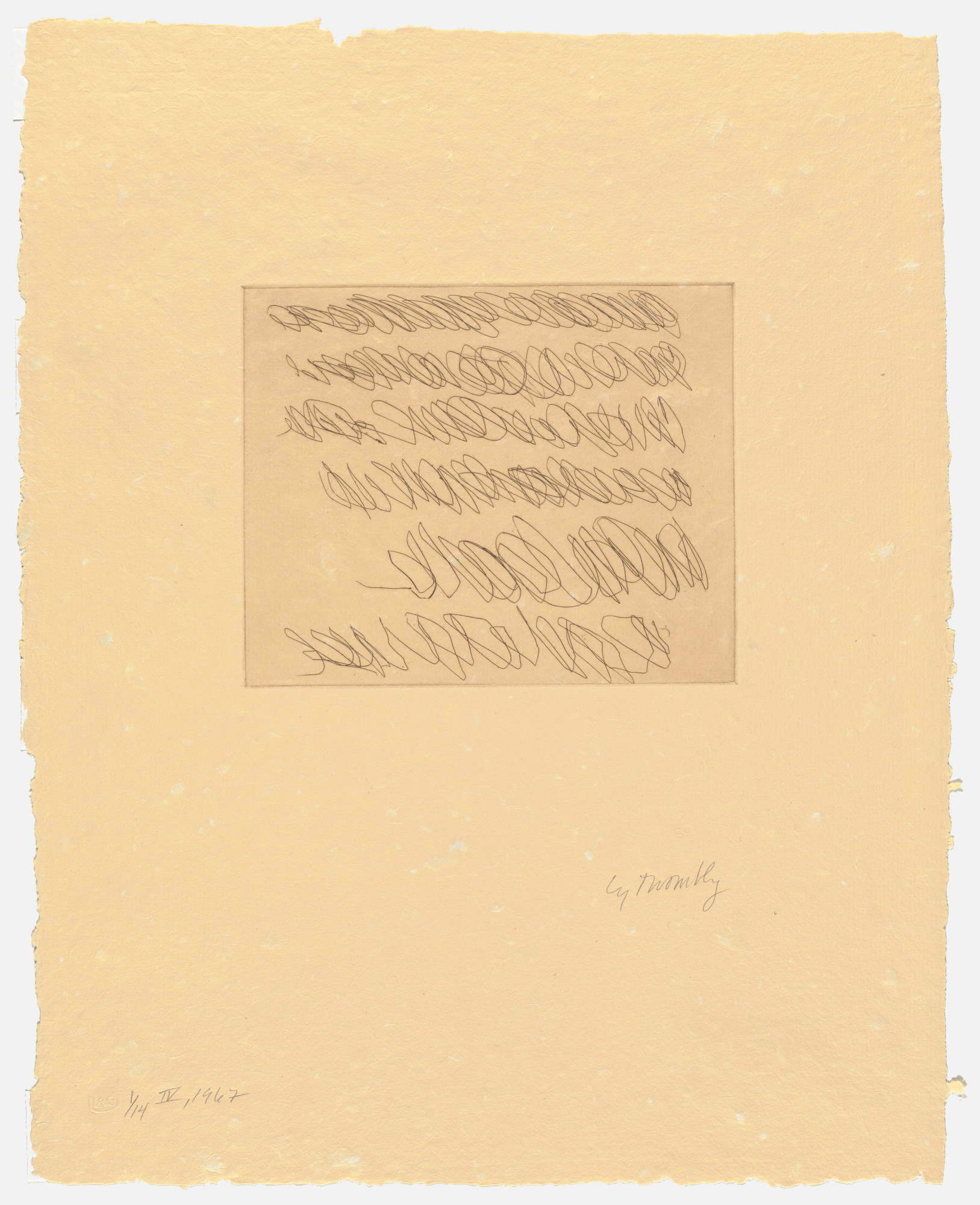 Cy Twombly: NOTE IV 1967 / Etching [one plate] / Paper size 65 x 51 cm / Edition 14 (1-14) Bastian 9.